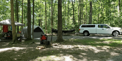 A campsite in a forest with a tent, a truck, and a boat, surrounded by trees and a gravel path.