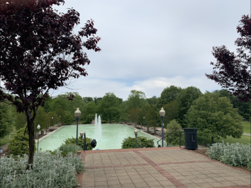 A serene park scene featuring a green pond with a fountain, surrounded by trees and landscaped pathways.