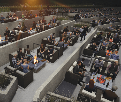 A lively outdoor dining area with people seated around fire pits, enjoying food and drinks in a social atmosphere.
