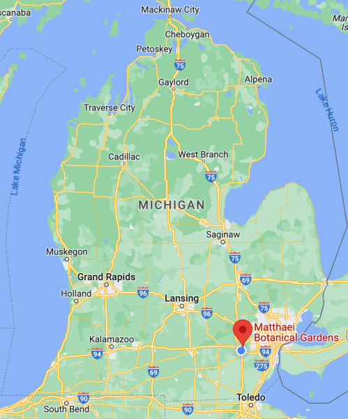 Map of Michigan highlighting locations, including Matthaei Botanical Gardens near Toledo.