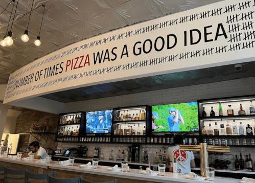 A restaurant bar with a sign reading "NUMBER OF TIMES PIZZA WAS A GOOD IDEA" and TVs showing sports in the background.