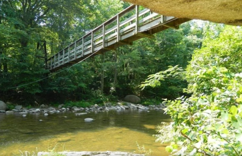A wooden footbridge spans a serene river, surrounded by lush green trees and rocky banks.