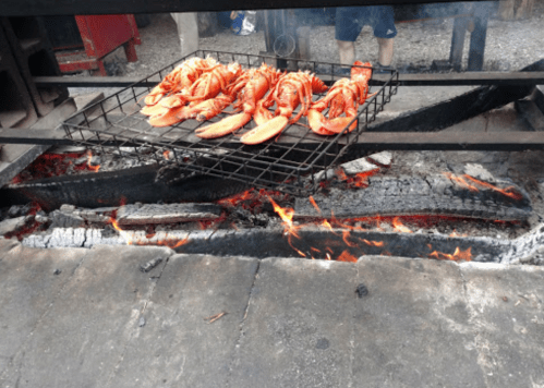 Grilled lobsters on a metal rack over an open flame, with smoke rising in a rustic outdoor setting.