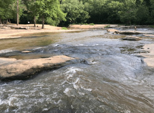 A serene river flows over rocky terrain, surrounded by lush green trees and a sandy bank.