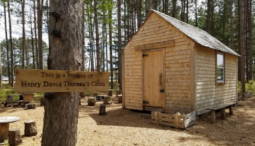 A wooden cabin replica of Henry David Thoreau's cabin, surrounded by trees and rustic seating.