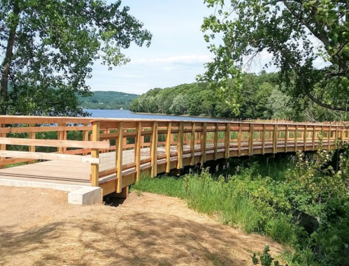 A wooden bridge curves over greenery, leading to a serene lake surrounded by trees under a clear blue sky.