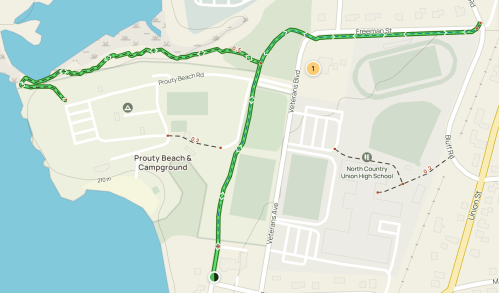 Map showing routes near Prouty Beach and Campground, with highlighted streets and nearby North Country Union High School.