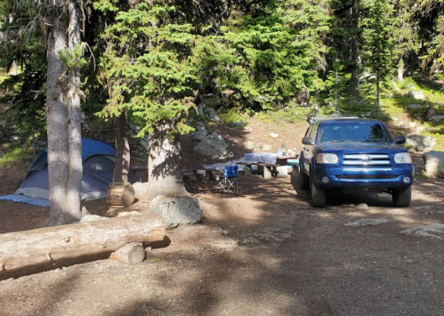 A blue SUV parked near a campsite with a tent, picnic table, and surrounding trees in a forested area.