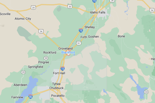 Map showing the area around Blackfoot, Idaho, with nearby towns and highways.