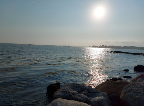 A serene seascape with sun reflecting on water, rocky shore, and distant land under a clear sky.