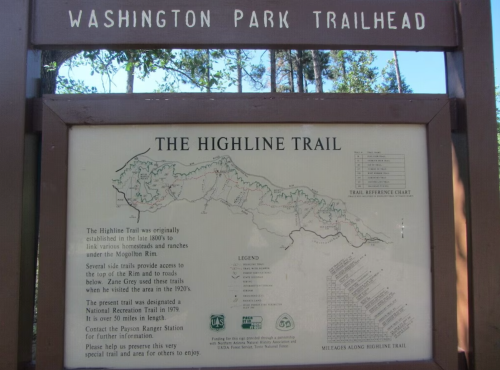 Sign at Washington Park Trailhead detailing The Highline Trail, including a map and trail reference chart.