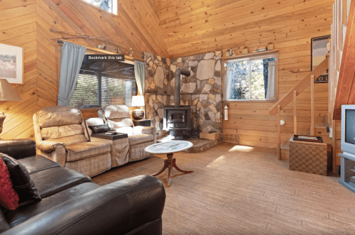 Cozy living room with wooden walls, stone fireplace, leather sofas, and large windows letting in natural light.