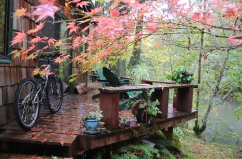 A cozy wooden deck with a bike, surrounded by colorful autumn leaves and lush greenery by a peaceful stream.