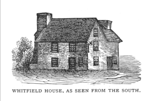 Illustration of Whitfield House, viewed from the south, showcasing its architectural details and surrounding landscape.