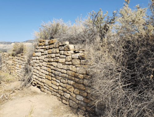 A weathered stone wall partially covered with dry shrubs and vegetation against a clear blue sky.