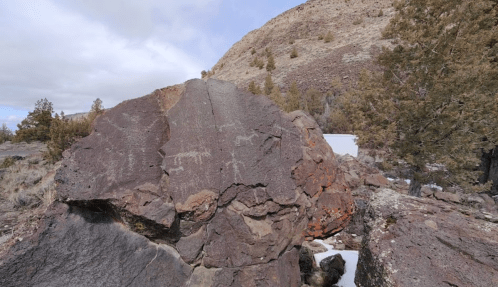 A large rock with ancient petroglyphs, surrounded by sparse vegetation and a hilly landscape under a cloudy sky.