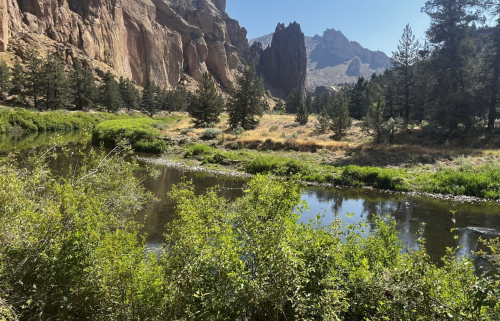 A serene landscape featuring a river surrounded by lush greenery, rocky cliffs, and distant mountains under a clear sky.