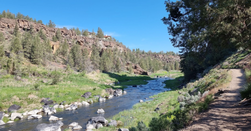 A serene river flows through a lush green landscape, flanked by rocky cliffs and trees under a clear blue sky.