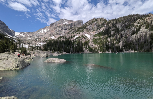 A serene mountain lake surrounded by rocky shores and lush greenery under a partly cloudy sky.