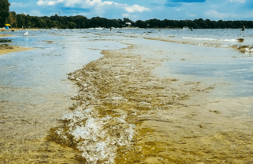 A serene beach scene with gentle waves lapping at the shore under a partly cloudy sky.