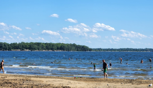 People enjoying a sunny day at the beach, swimming and playing in the water with a clear blue sky above.