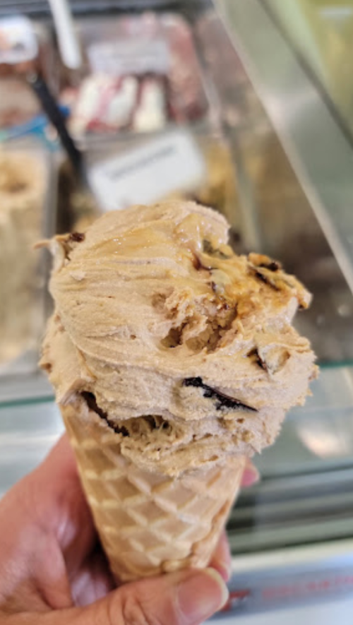A hand holding a cone filled with creamy brown ice cream, with a blurred background of various ice cream flavors.