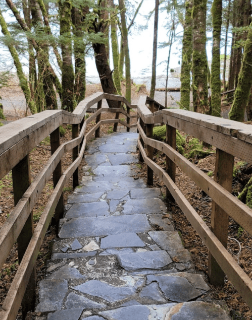 A stone pathway with wooden railings leads through a forest towards a body of water in the distance.