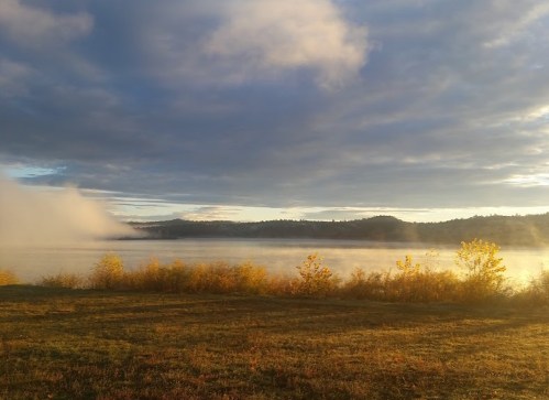 A serene lakeside view with mist rising over the water and golden foliage in the foreground under a cloudy sky.