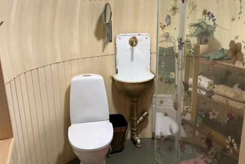 A small bathroom featuring a toilet, a unique sink, and a glass shower with floral decorations.