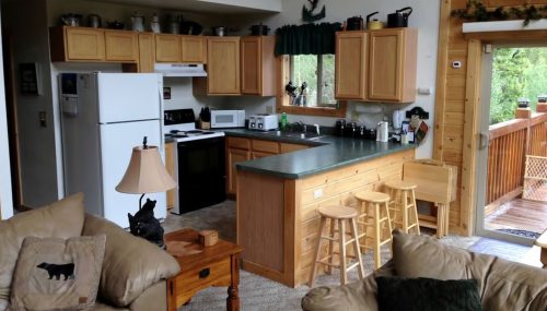 Cozy kitchen with wooden cabinets, appliances, and a bar area, adjacent to a living space with a sofa and coffee table.