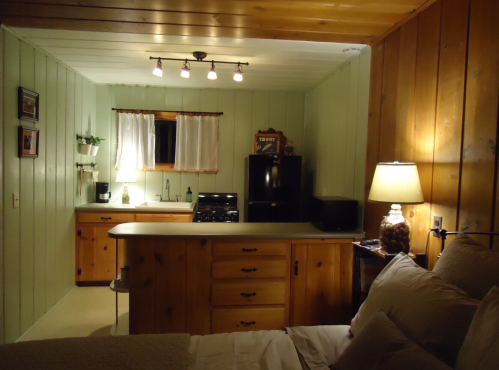 Cozy kitchen with wooden cabinets, a black fridge, and soft lighting, viewed from a bedroom with a lamp and bed.