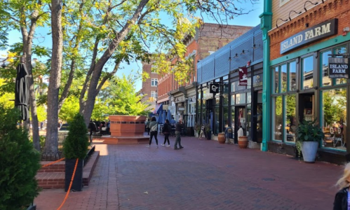 A charming street lined with shops and trees, featuring brick pavement and a clear blue sky.