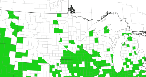 Map showing areas in green, indicating specific regions, with a focus on the Midwest and parts of the southern U.S.