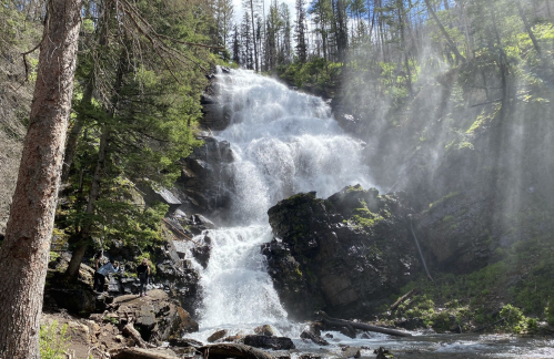 A cascading waterfall flows over rocky terrain, surrounded by lush green trees and mist in a serene natural setting.