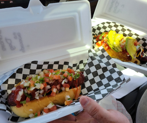 A hand holding a hot dog topped with diced tomatoes and onions, next to another dish in a takeout container.