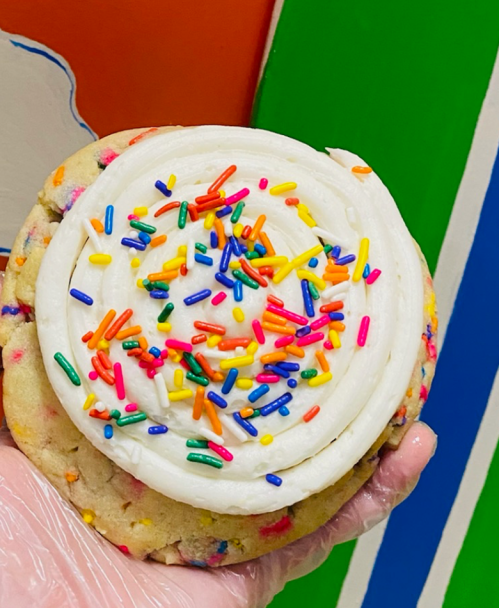 A large, colorful cookie topped with white frosting and vibrant sprinkles, held in a gloved hand.