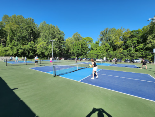 A sunny tennis court scene with players engaged in matches on multiple courts surrounded by trees.