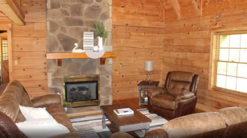Cozy wooden cabin living room with stone fireplace, leather furniture, and natural light from large windows.