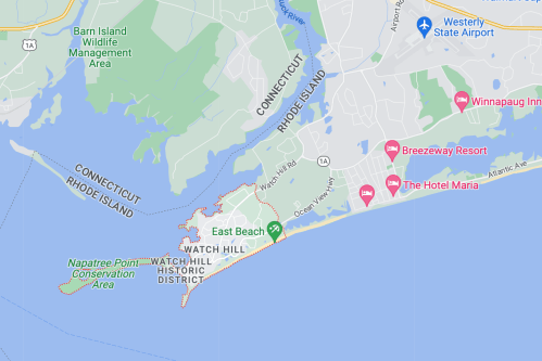 Map showing the coastal area of Watch Hill, Rhode Island, including nearby landmarks and roads.