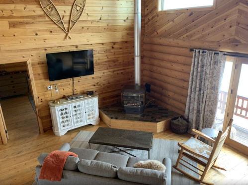 Cozy wooden living room with a fireplace, TV, and comfortable seating, featuring rustic decor and large windows.