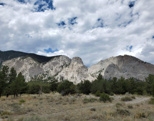 A rocky mountain range under a cloudy sky, surrounded by green trees and shrubs in the foreground.