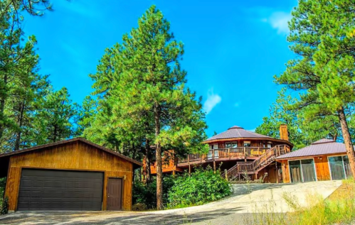A wooden house with a circular design surrounded by tall pine trees under a clear blue sky.
