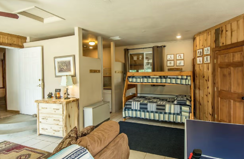 Cozy interior of a cabin with a bunk bed, sofa, and wooden accents, featuring a small kitchenette and door to the outside.