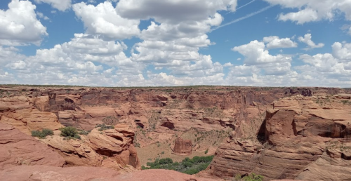 A vast canyon landscape with red rock formations and a blue sky filled with fluffy white clouds.