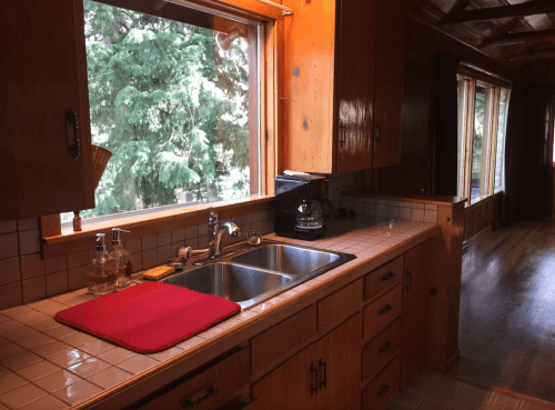 A cozy kitchen with wooden cabinets, a double sink, and a window overlooking trees. A red mat is on the counter.