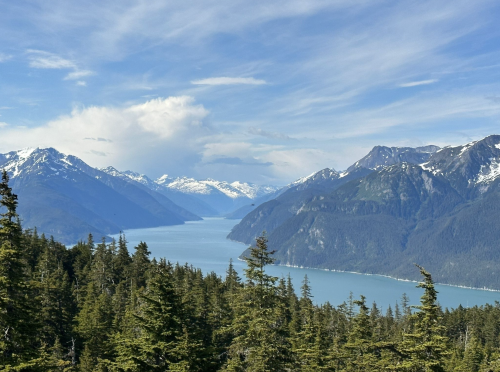 A scenic view of mountains and a lake, surrounded by lush green trees under a blue sky with scattered clouds.