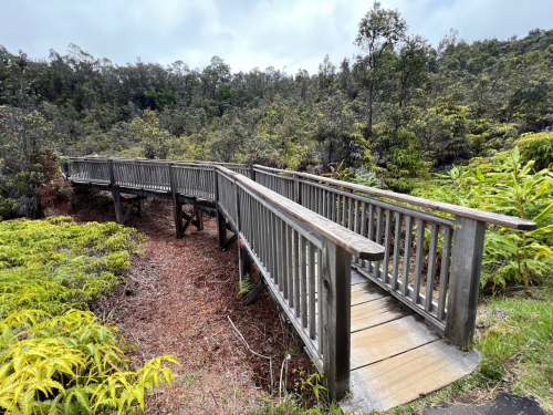 A wooden boardwalk winding through lush greenery and volcanic terrain under a cloudy sky.