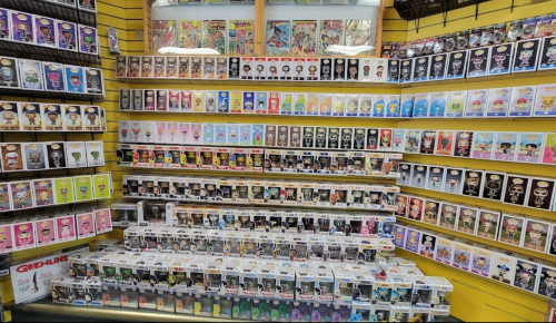 A colorful display of various Funko Pop figures arranged on shelves in a store.