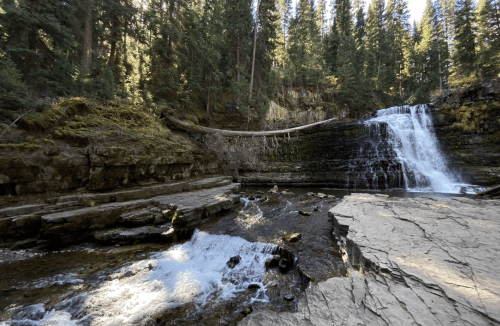 A serene waterfall cascades over rocky ledges, surrounded by lush green trees in a tranquil forest setting.