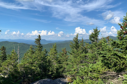 A scenic view of lush green mountains under a blue sky with fluffy clouds. Pine trees frame the landscape.